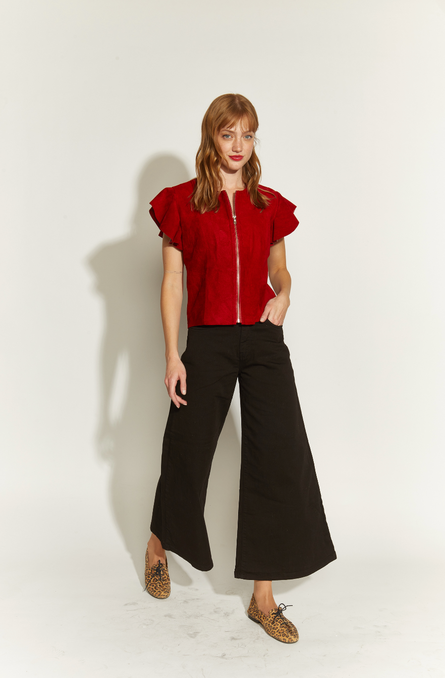 POLERA GAMUZA CIERRE Y MANGAS VUELO ROJO