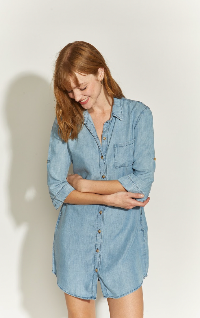 VESTIDO TENSEL CAMISERO BOTONES 1 BOLSILLO CELESTE