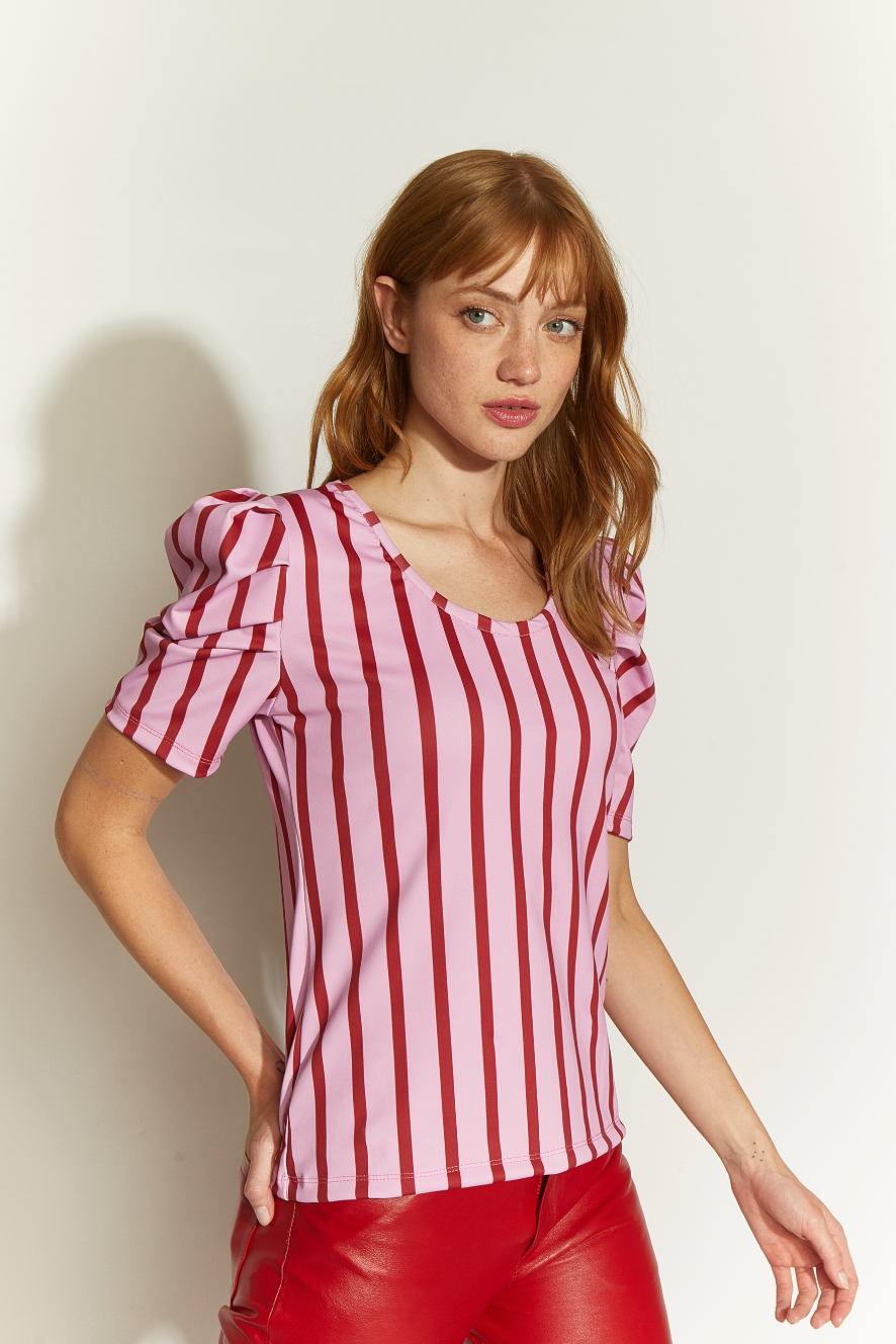 POLERA SOLE MANGA CORTA GLOBO RAYAS ROJO/FUCCIA