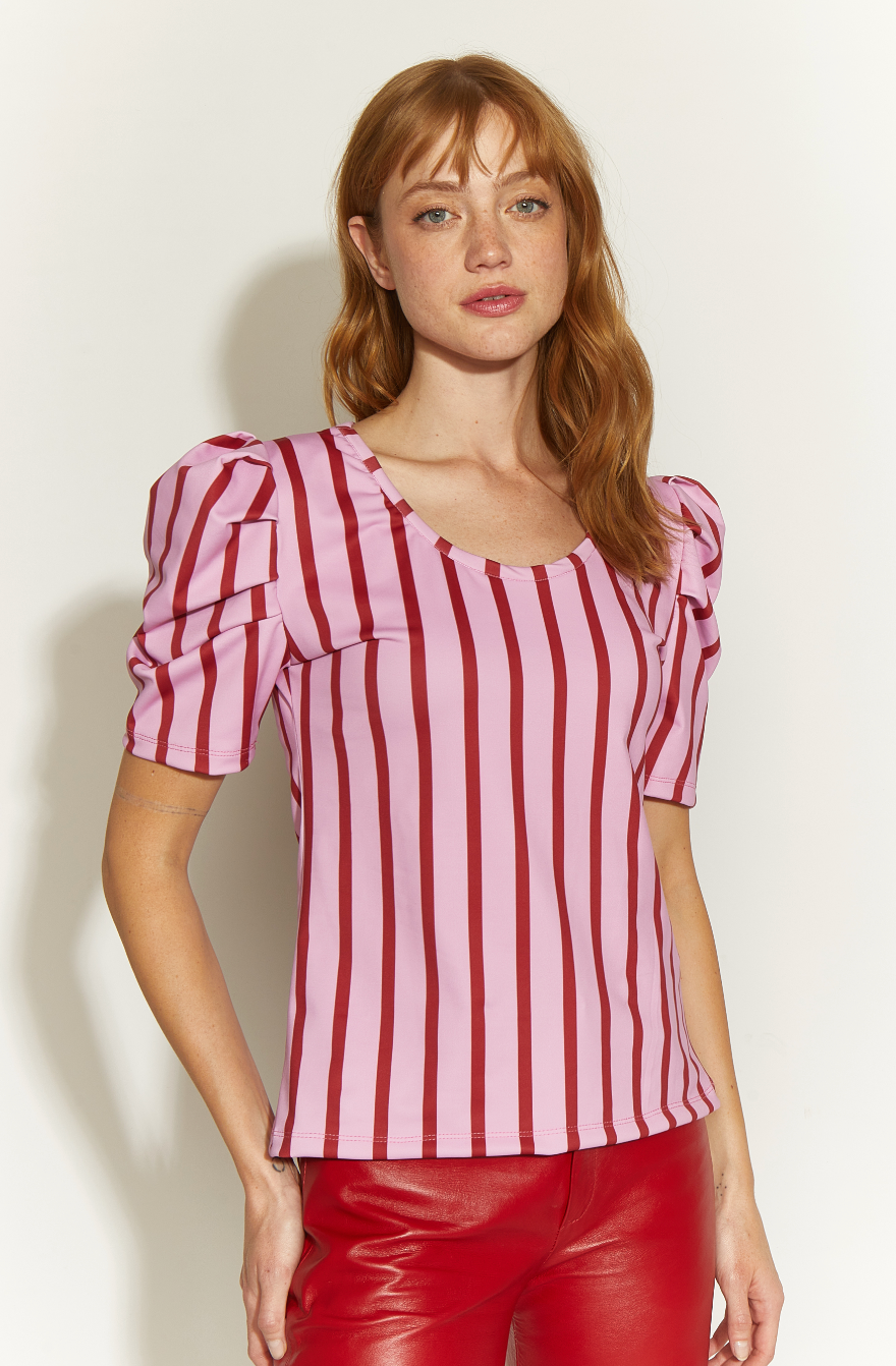 POLERA SOLE MANGA CORTA GLOBO RAYAS ROJO/FUCCIA