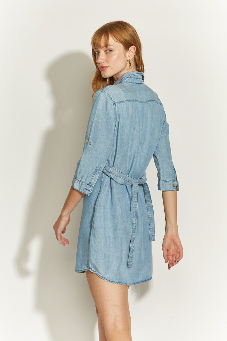 VESTIDO TENSEL CAMISERO BOTONES 1 BOLSILLO CELESTE