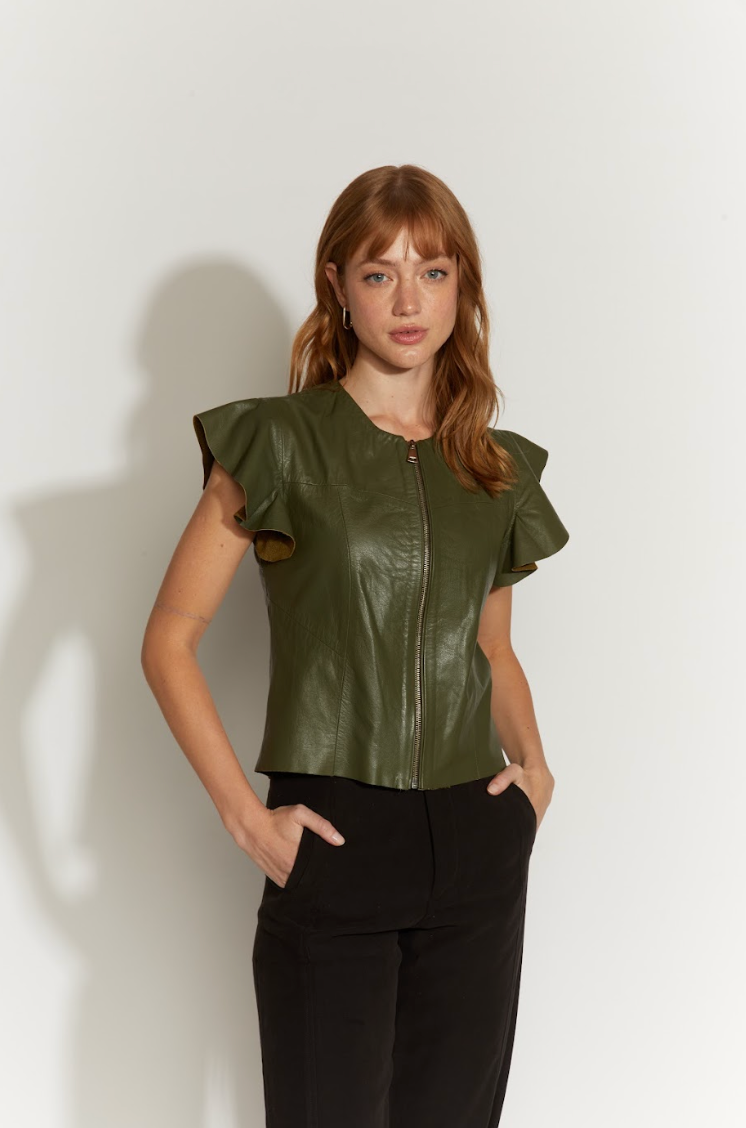 POLERA CUERO CIERRE MANGAS VUELO VERDE OLIVO