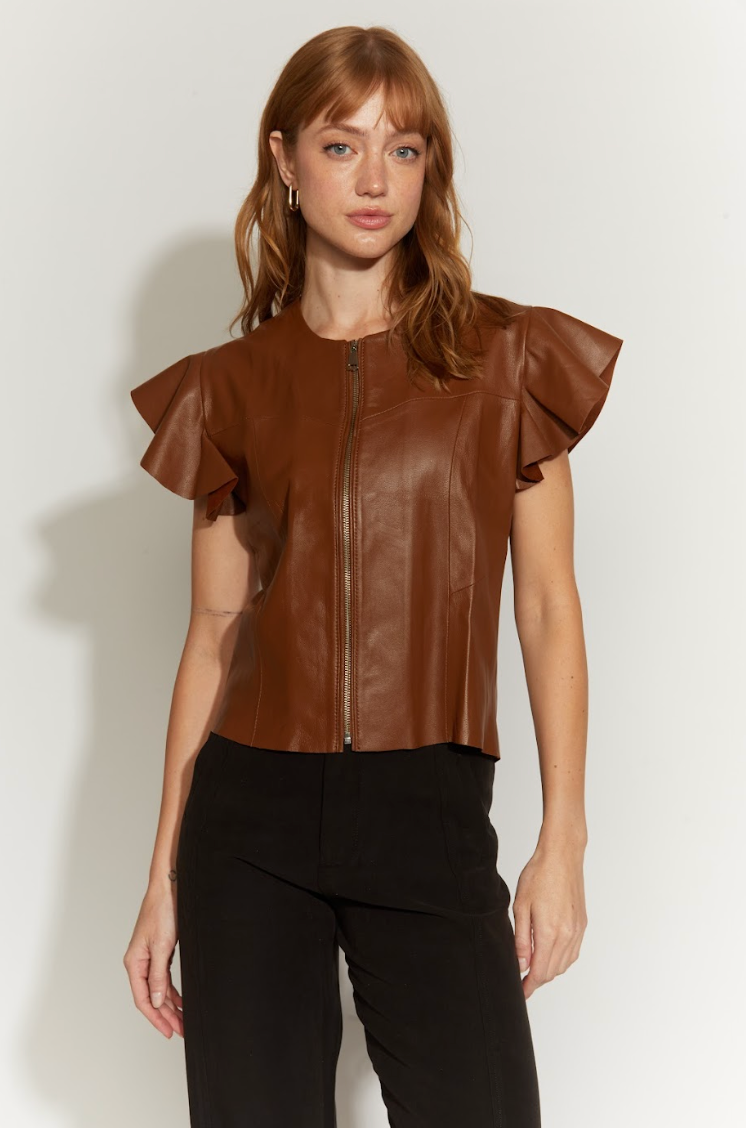 POLERA CUERO CIERRE Y MANGAS VUELO CAMEL