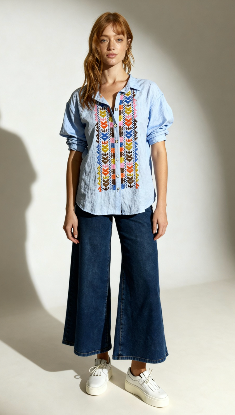 BLUSA BORDADO ETNICO CELESTE