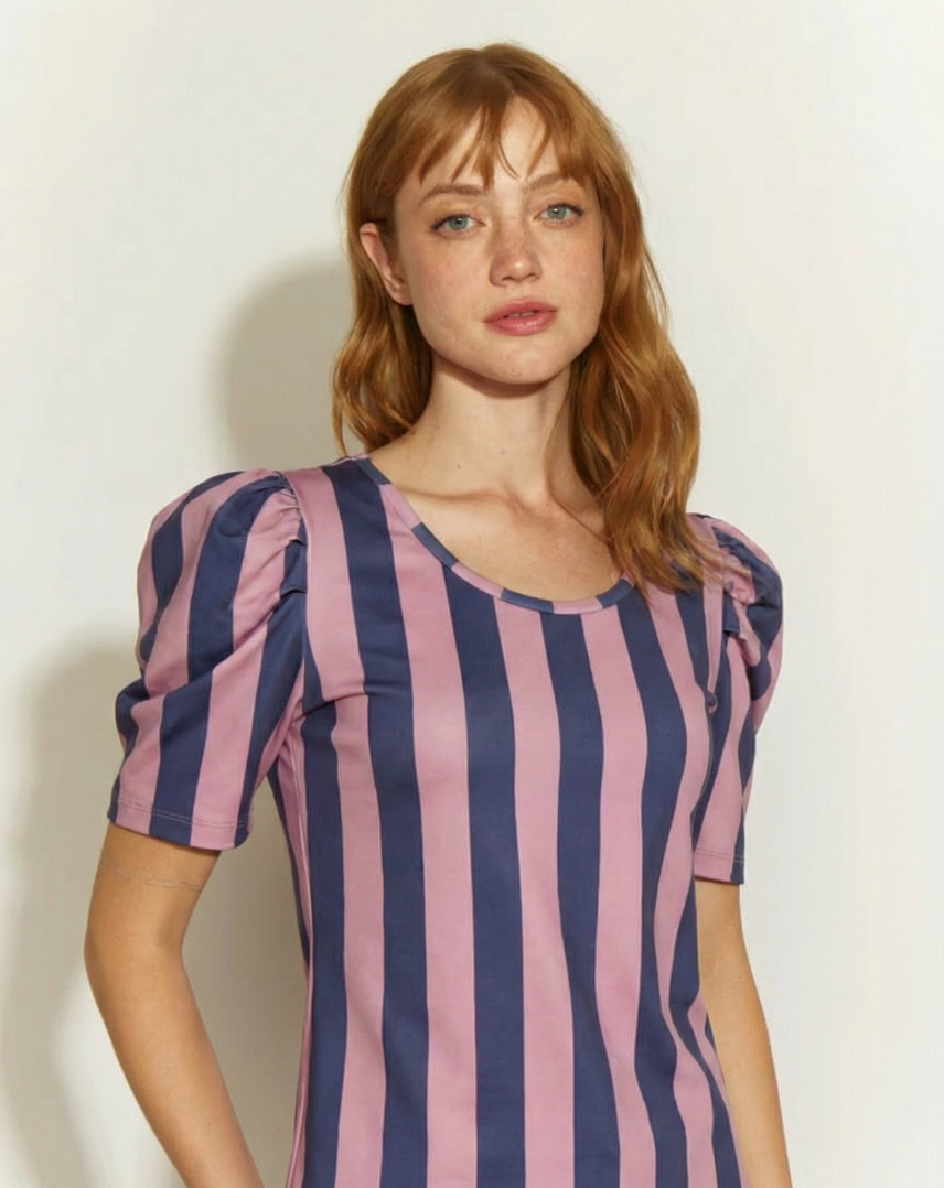 POLERA SOLE MANGA CORTA GLOBO RAYAS ROSADO/PAQUETE VELA