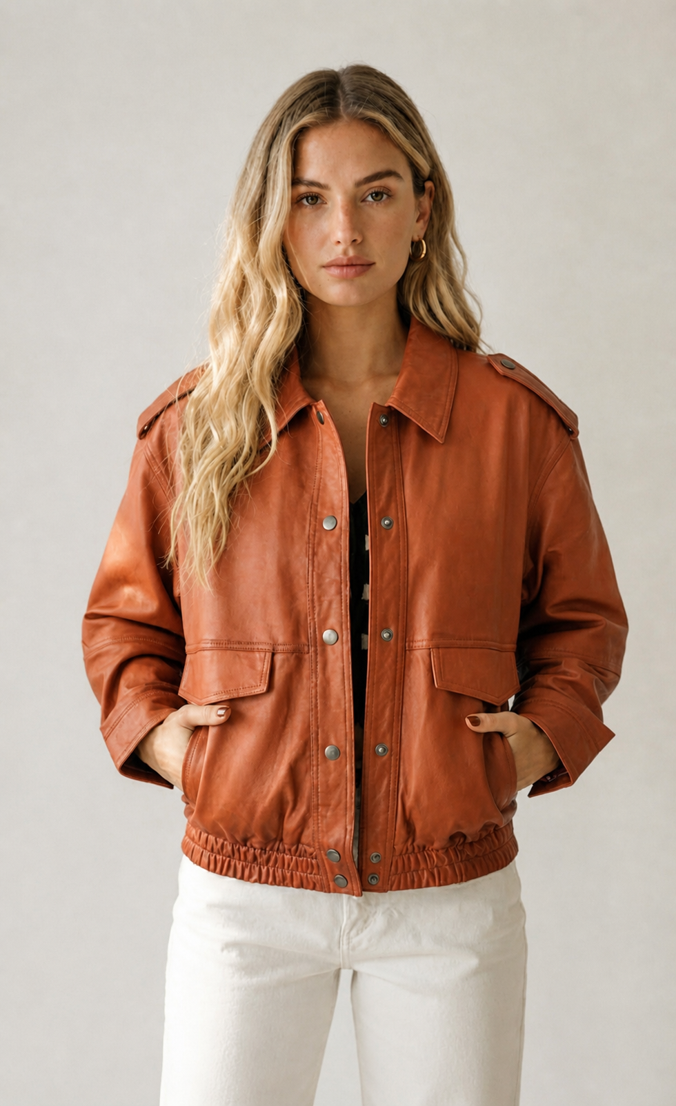 CHAQUETA CUERO MOTOQUERA ELASTICO CINTURA TERRACOTA