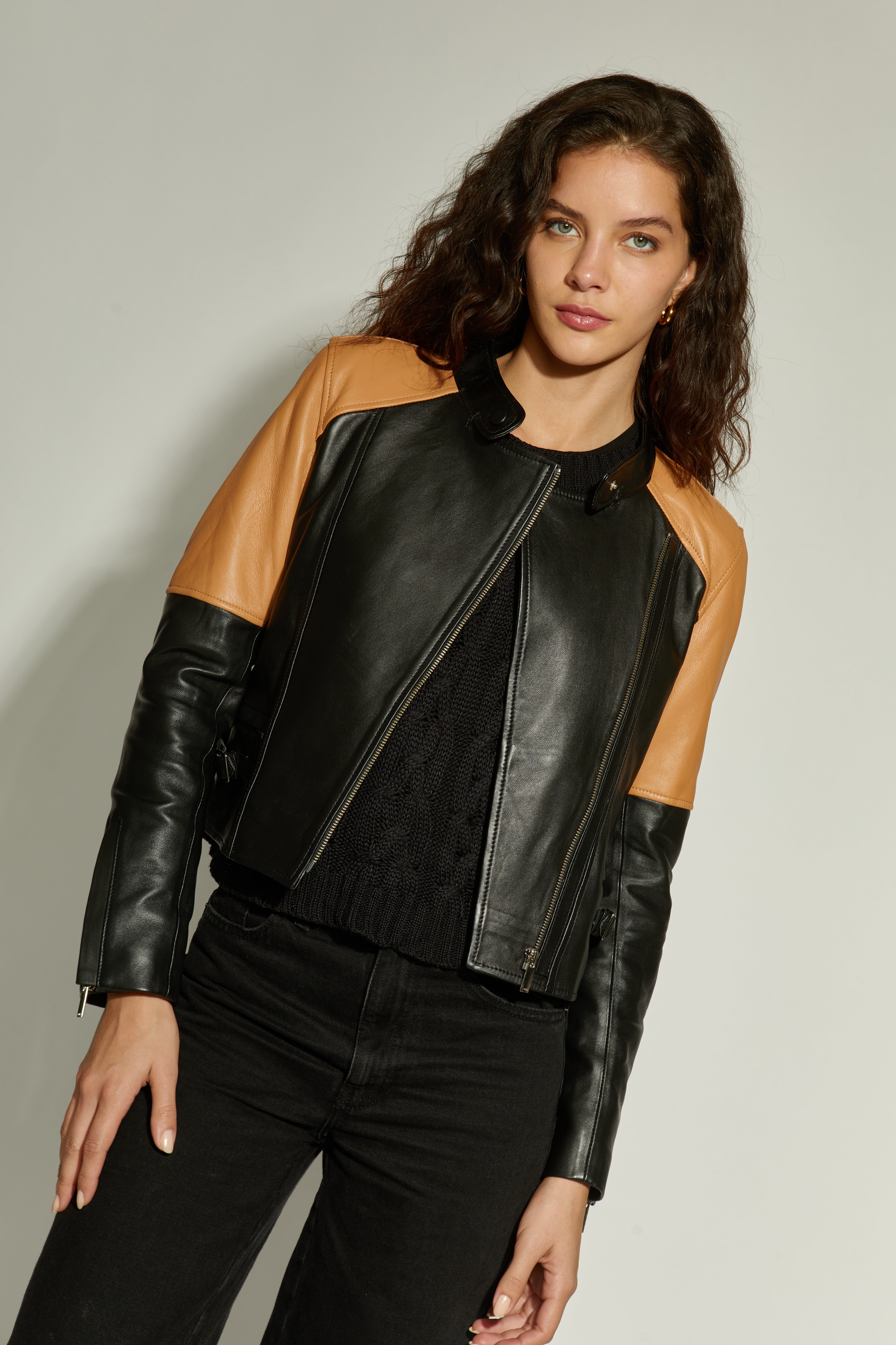 CHAQUETA CUERO MILAGRO DOBLE COLOR NEGRO/CAMEL