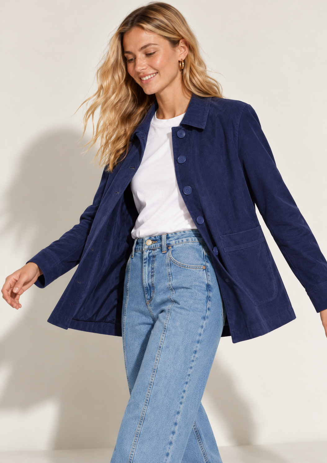 CHAQUETA GAMUZA DROP LARGA BOLSILLOS BOTONES AZUL MARINO