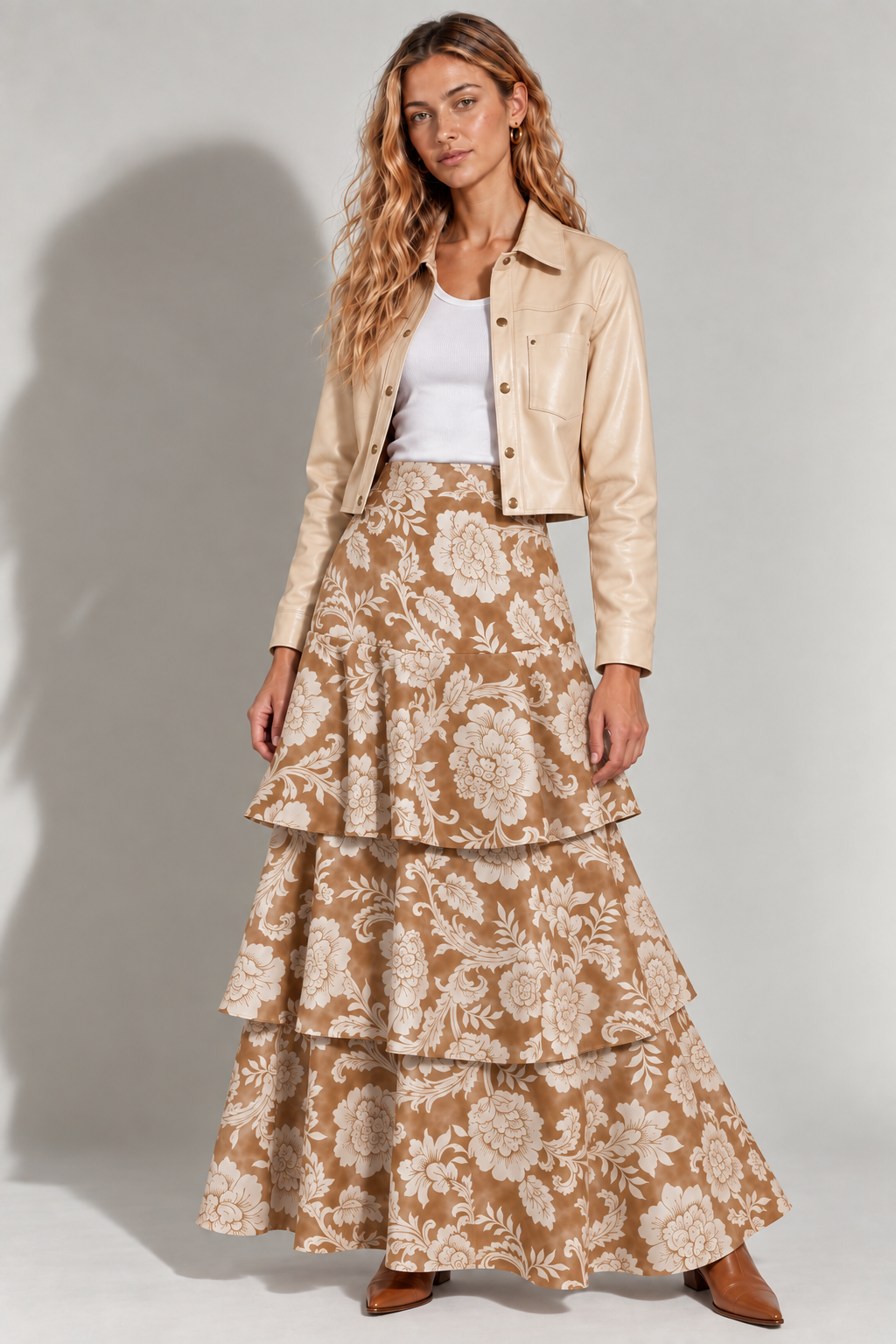 FALDA LARGA ESPAÑOLA FLORES CAMEL/FLORES BLANCA