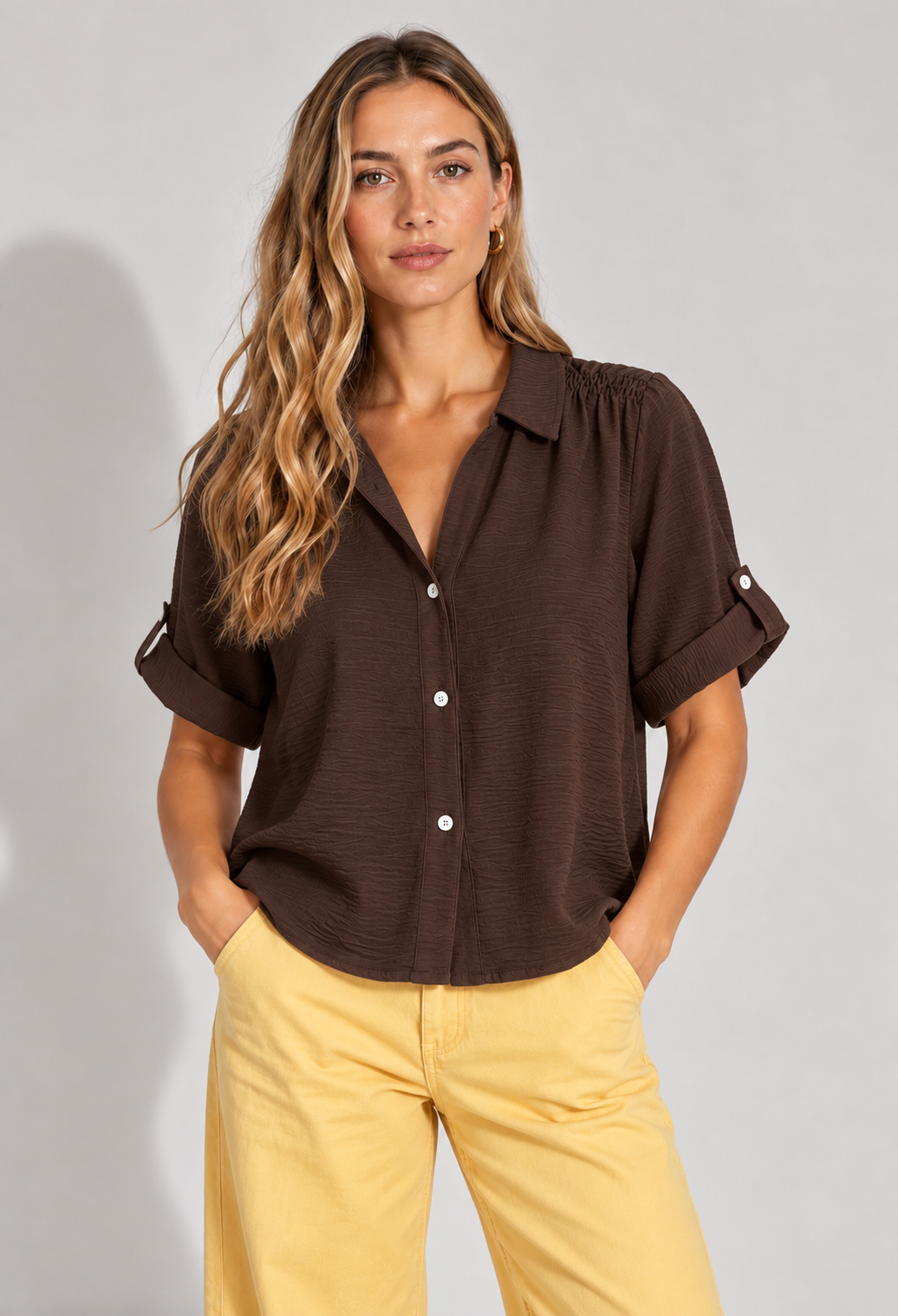 BLUSA JULIETA M/C HOMBRO ELASTICADO CHOCOLATE