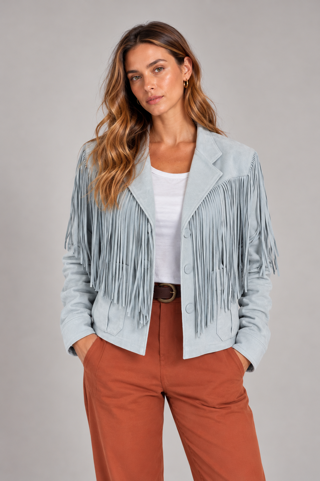 CHAQUETA GAMUZA FLECOS BOLSILLOS Y BOTONES CELESTE