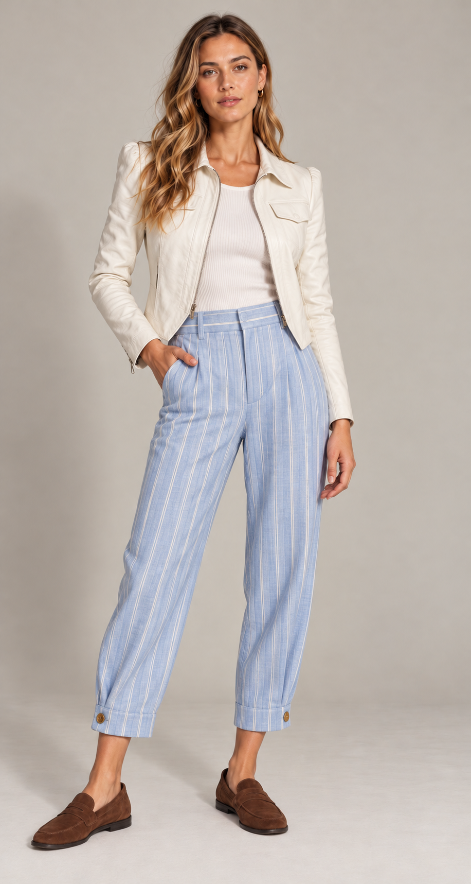 PANTALÓN PINZAS TENCEL CELESTE RAYAS BLANCAS