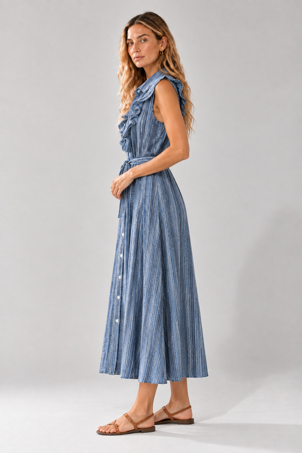 VESTIDO LARGO RAYADO VUELOS ESCOTE CINTURON Y BOTONES RAYAS AZUL/ BLANCO