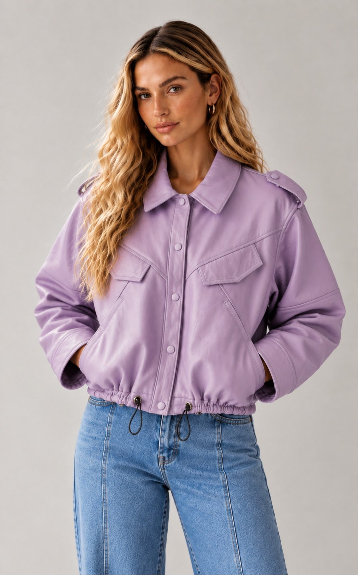 CHAQUETA CUERO CORTE BOTONES ELÁSTICO CINTURA MALVA