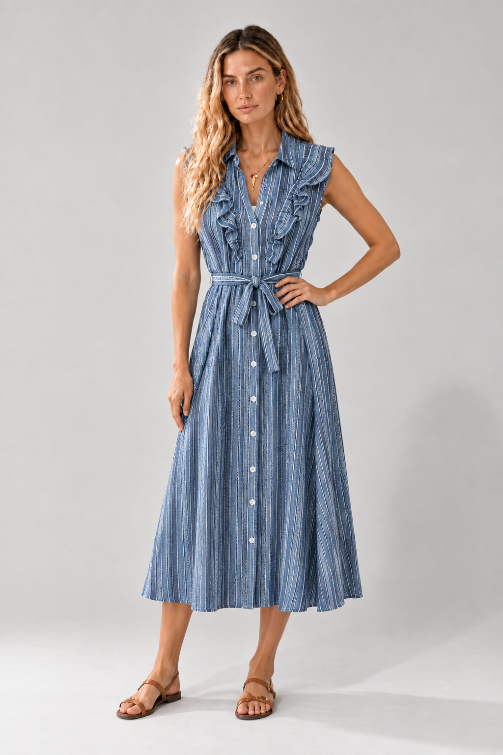 VESTIDO LARGO RAYADO VUELOS ESCOTE CINTURON Y BOTONES RAYAS AZUL/ BLANCO