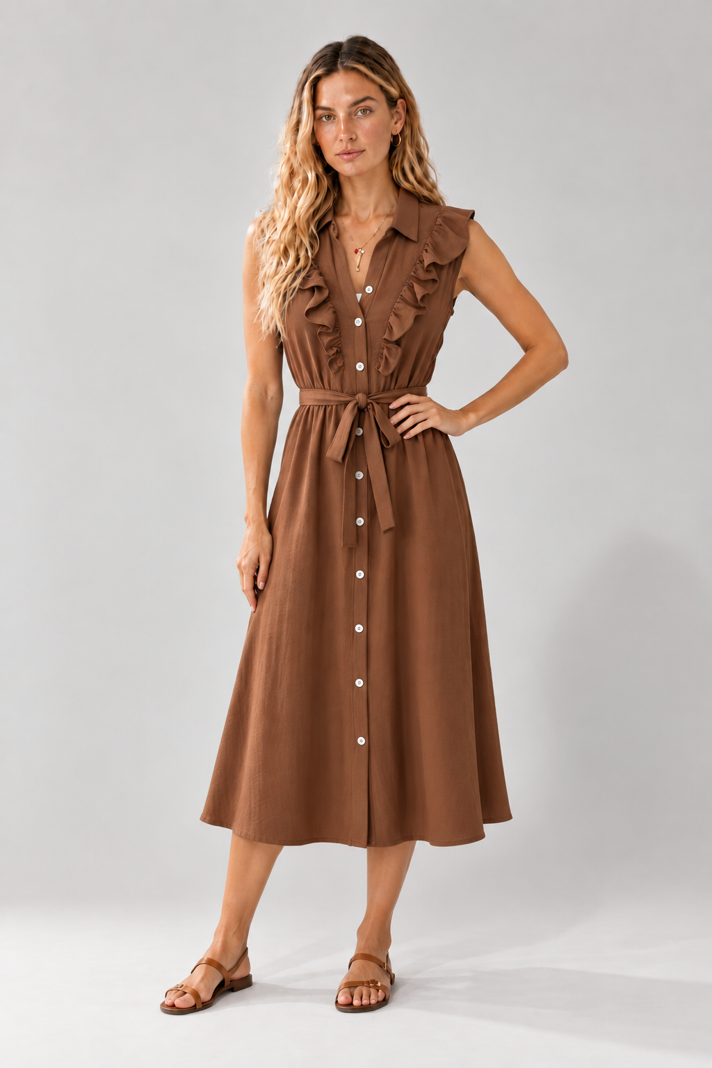 VESTIDO LARGO VUELOS ESCOTE CINTURON Y BOTONES CAMEL