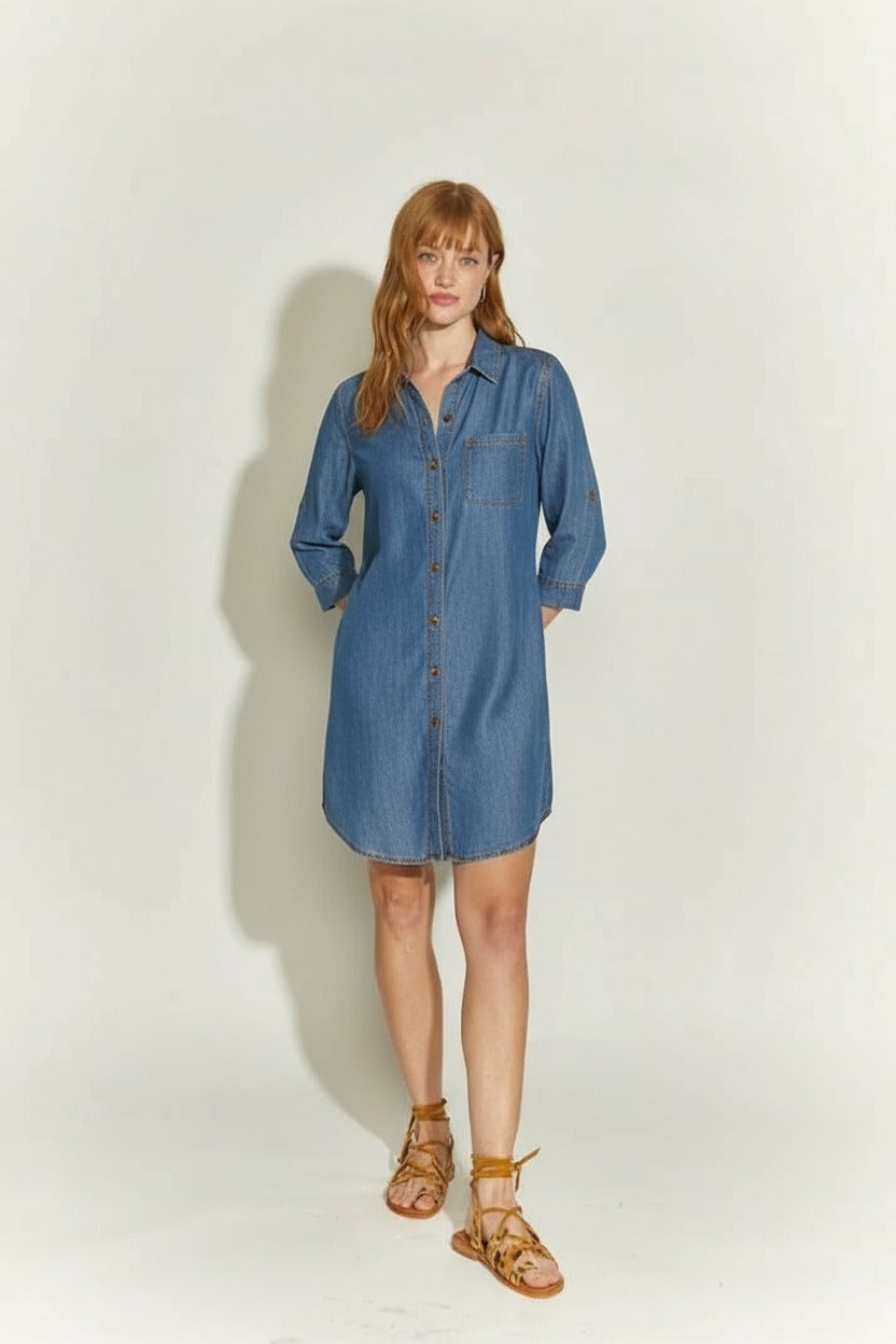 VESTIDO TENSEL CAMISERO BOTONES 1 BOLSILLO AZUL