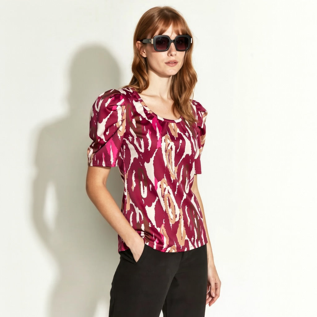 POLERA SOLE MANGA CORTA GLOBO PRINT BURDEO/FUCCIA