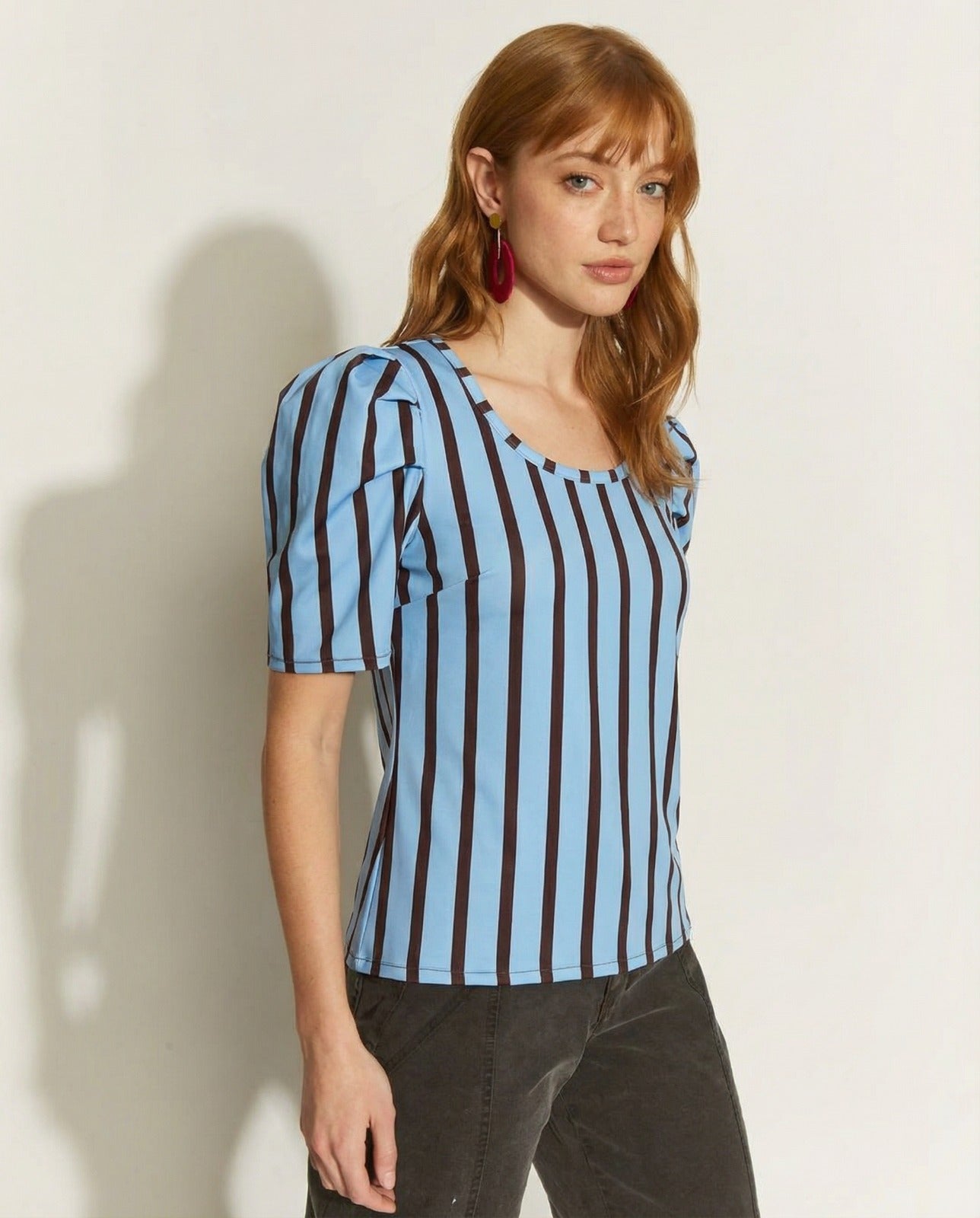 POLERA SOLE MANGA CORTA GLOBO RAYAS NEGRO/CELESTE