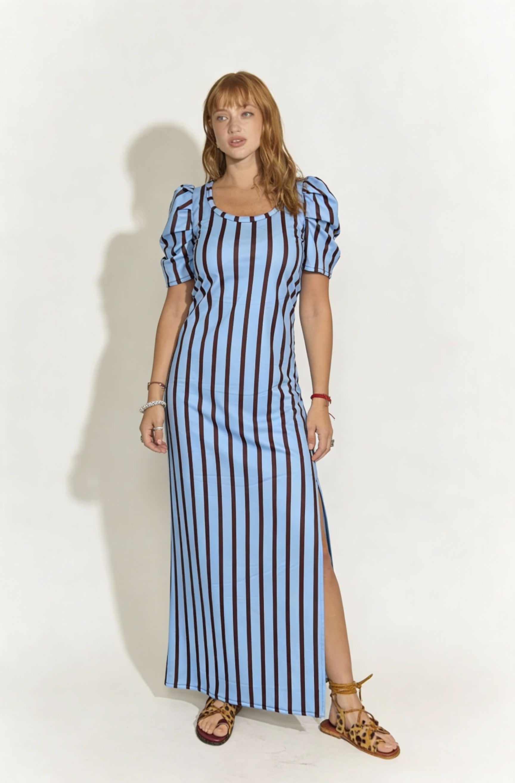 VESTIDO KALU  MANGA GLOBO LARGO RAYADO CESLEST/NEGRO