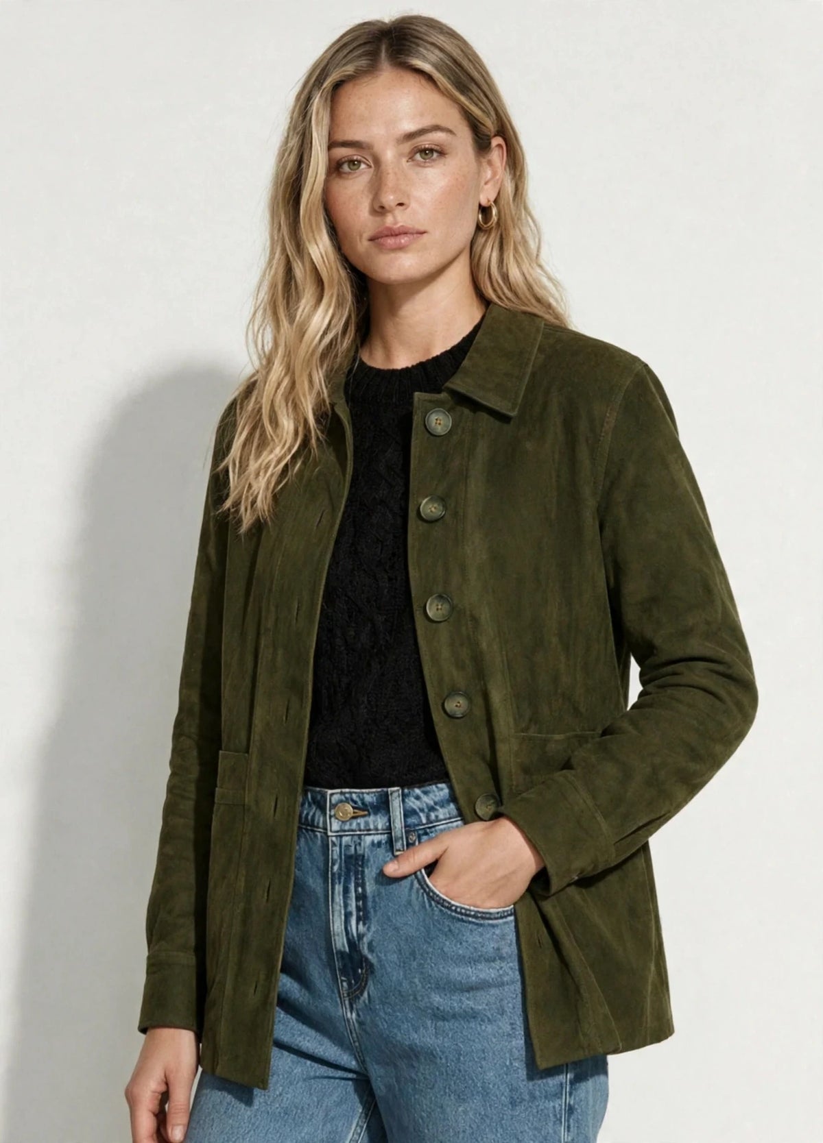 CHAQUETA CUERO DROP LARGA BOLSILLOS BOTONES VERDE OLIVO
