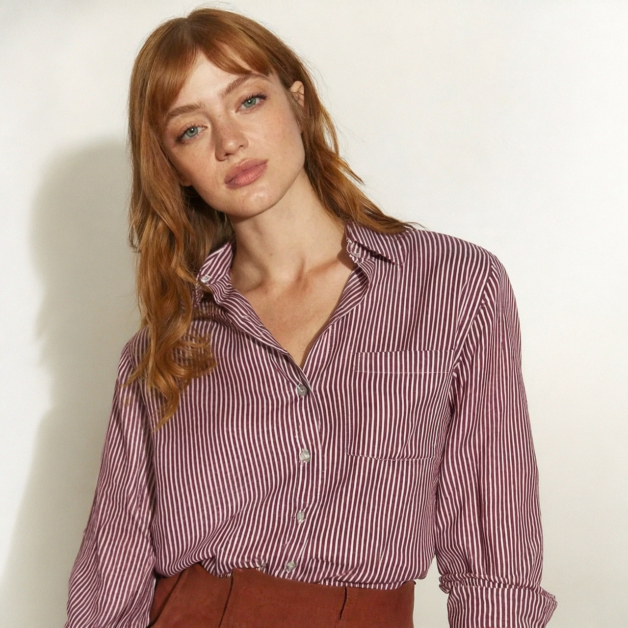 BLUSA CAMISERA RAYAS GUINDA/BLANCO