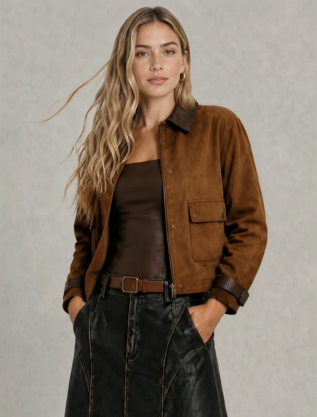 CHAQUETA DE GAMUZA CORTA CON CUELLO Y PUÑOS CUERO CAMEL