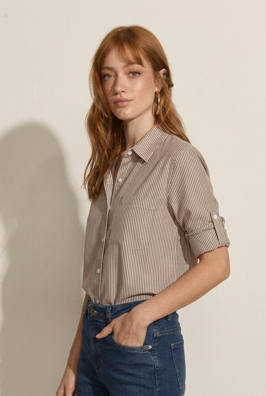 BLUSA CAMISERA RAYAS MARRÓN/BLANCO