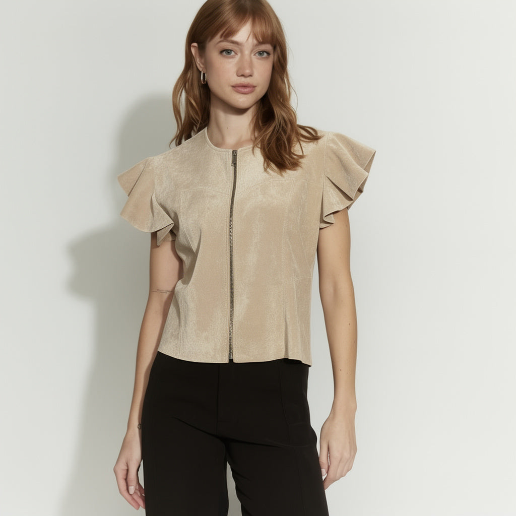 POLERA GAMUZA CIERRE Y MANGAS VUELO BARQUILLO