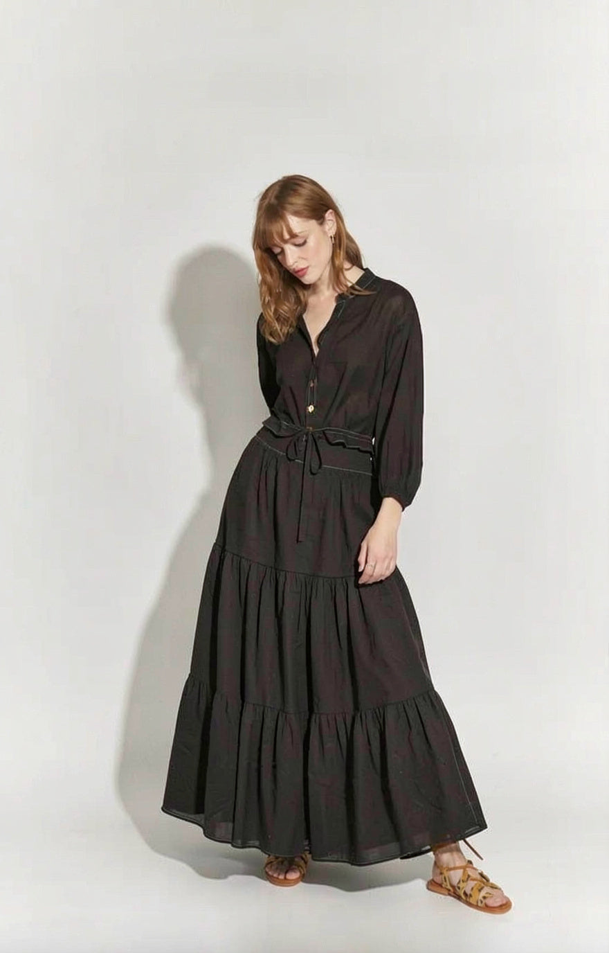 FALDA PYMA LARGA ELASTICO CINTURA NEGRO PESPUNTE BLANCO