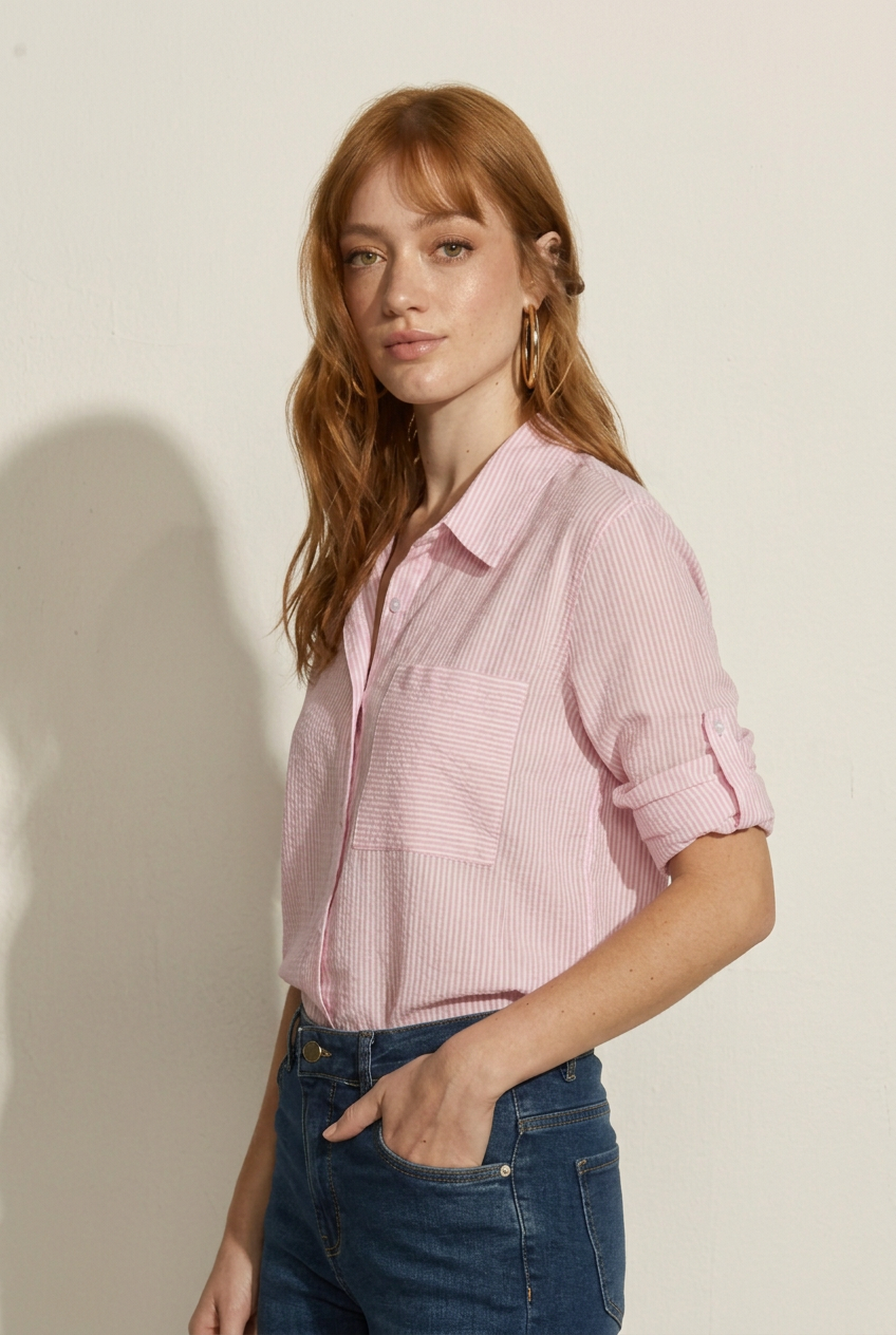 BLUSA CAMISERA RAYAS ROSADO/BLANCO