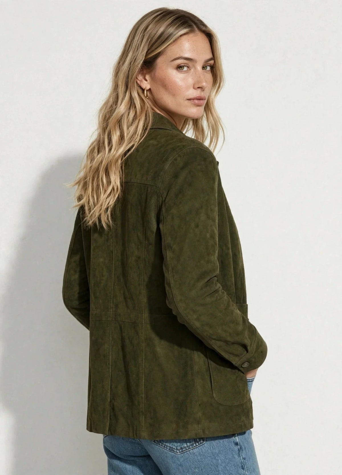 CHAQUETA CUERO DROP LARGA BOLSILLOS BOTONES VERDE OLIVO