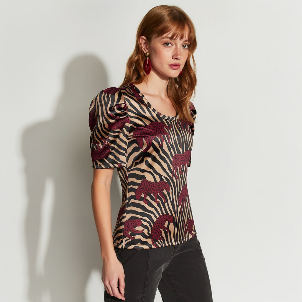 POLERA SOLE MANGA CORTA GLOBO PRINT/LEOPARDO BURDEO